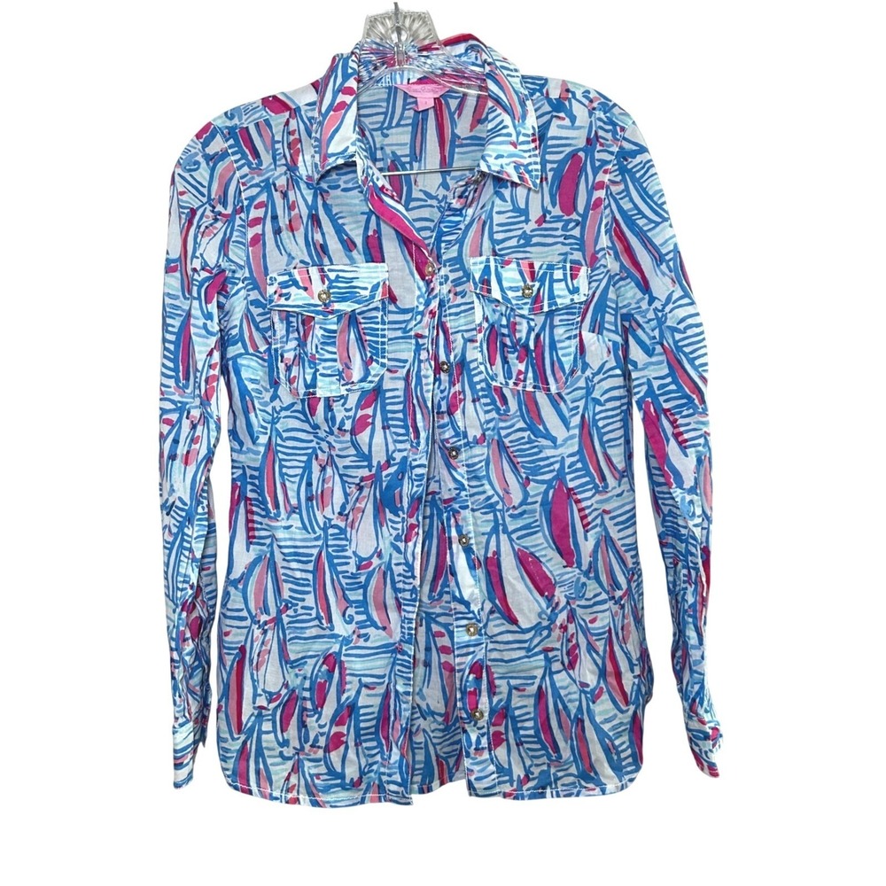 Lilly Pulitzer Red Right Return Sailboat button down women's 2 preppy nautical